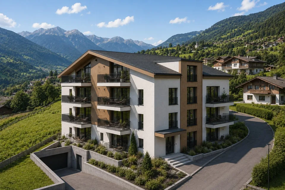 Progetto di costruzione nuova autorizzato con 7 appartamenti in proprietà sulla terrazza soleggiata del Vallese