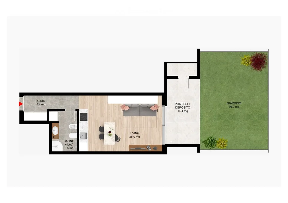 Grande monolocale da 43 m², 14 m² di portico e 36 m² di giardino al 1° piano