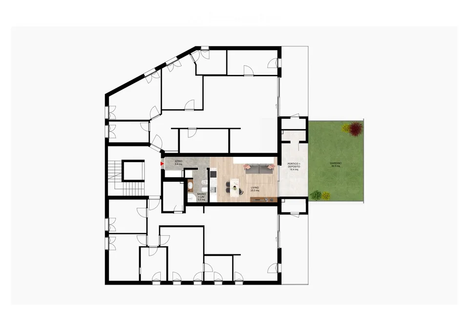 Grande monolocale da 43 m², 14 m² di portico e 36 m² di giardino al 1° piano