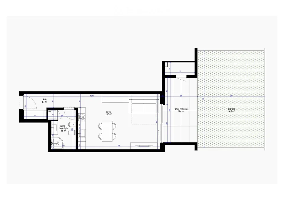 Grande monolocale da 43 m², 14 m² di portico e 36 m² di giardino al 1° piano