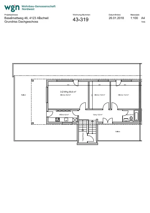 Appartamento 3 camere, 66,3 m2, 2° piano, ad Allschwil