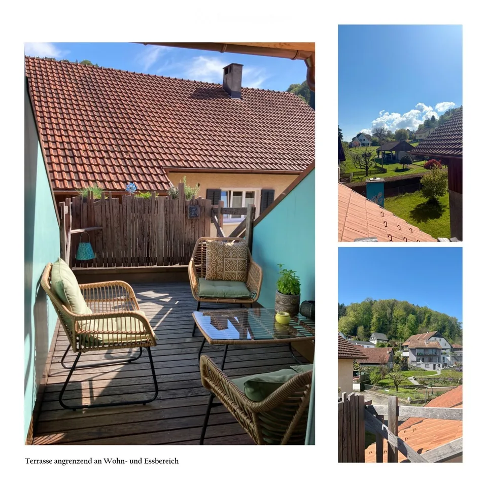 Maisonette di 4 locali elegante, zona living attraente con travi in legno antico caratteristici
