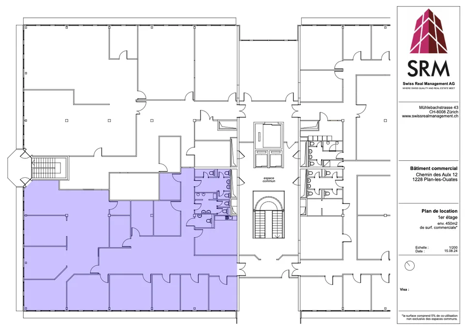 450m2 au 1er étage du CTN 12 à Plan-les-Ouates. Entièrement rénové.