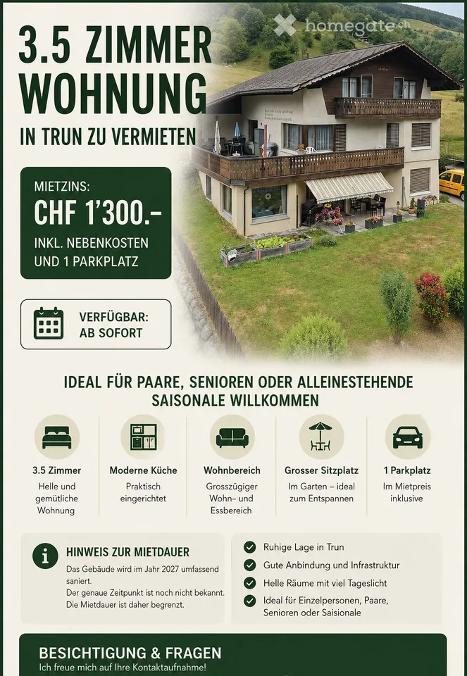 3.5-Zimmer-Wohnung in Trun, CHF 1'300. inkl. NK & Parkplatz
