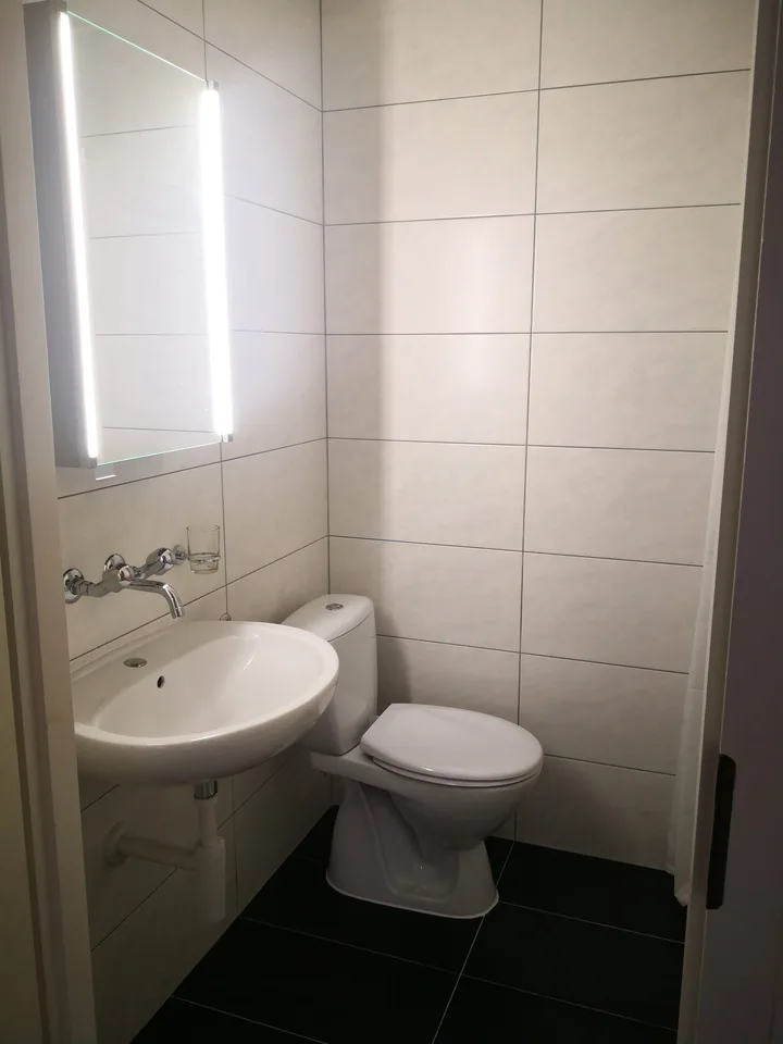 Monolocale con cucinetta, frigorifero, e WC e doccia separati.