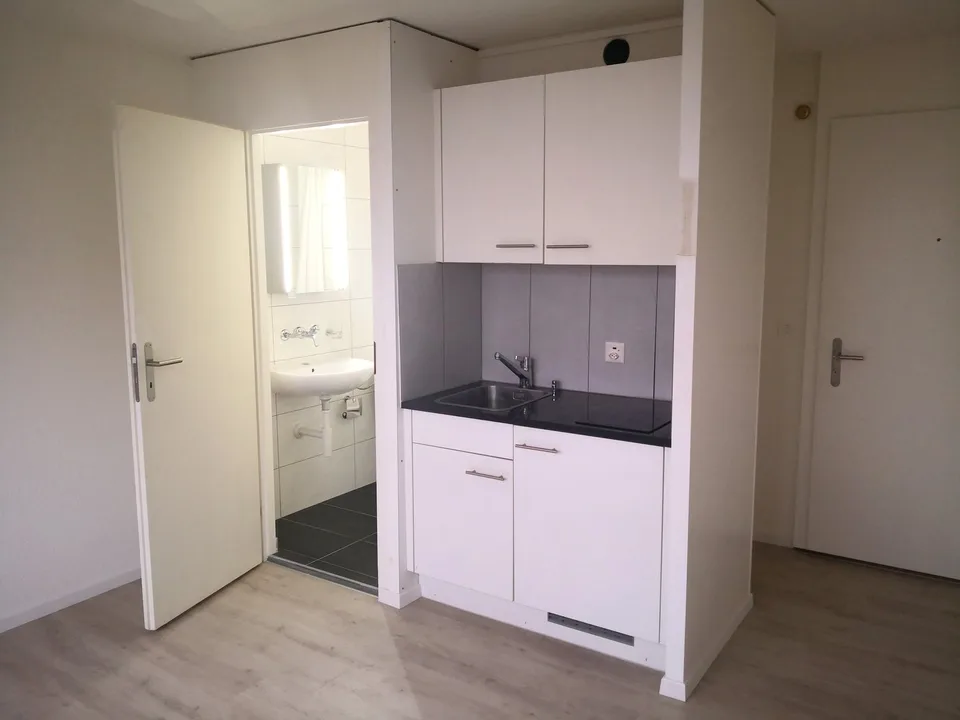 Studio mit  Kochnische, Kühlschrank und sep. WC und Dusche.