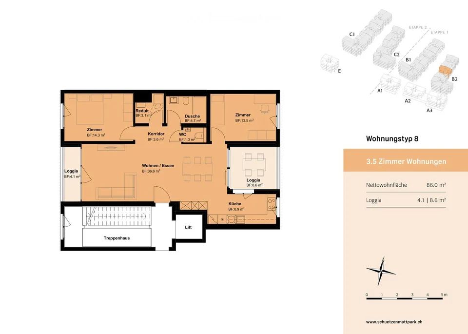 Appartement moderne et lumineux de 5,5 pièces avec loggia pratique