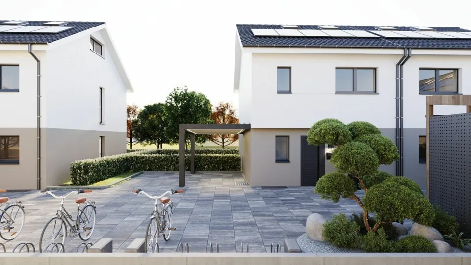Casa a schiera moderna con giardino, terrazza e carport
