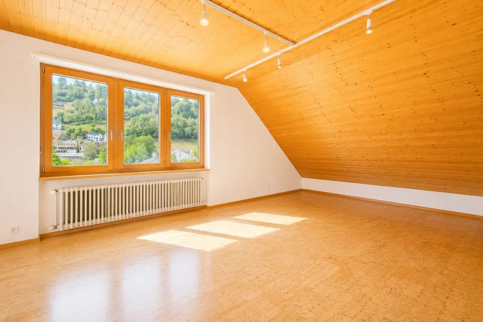 Appartement calme de 3 pièces dans les combles à Hölstein – nouvelle cuisine, parking, vue panoramique sur le vert