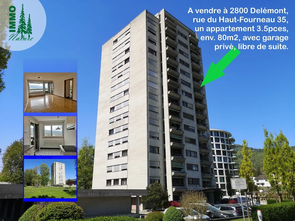 A vendre à Delémont : appartement 3.5 pièces, avec garage privé, vue sur la ville