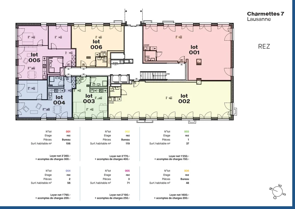 3 Büros zur Miete, von 48m2 bis 119m2, im Herzen von Lausanne