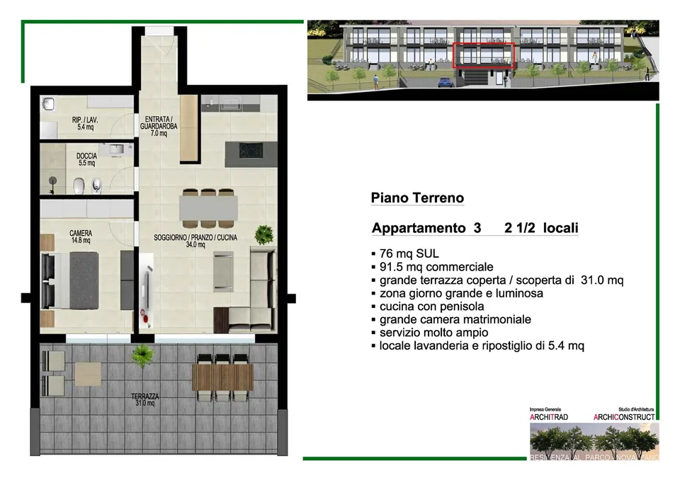 Große 2.5-Zimmer-Wohnung mit 19m2 Terrasse und Panoramablick – Foto 9 von 15