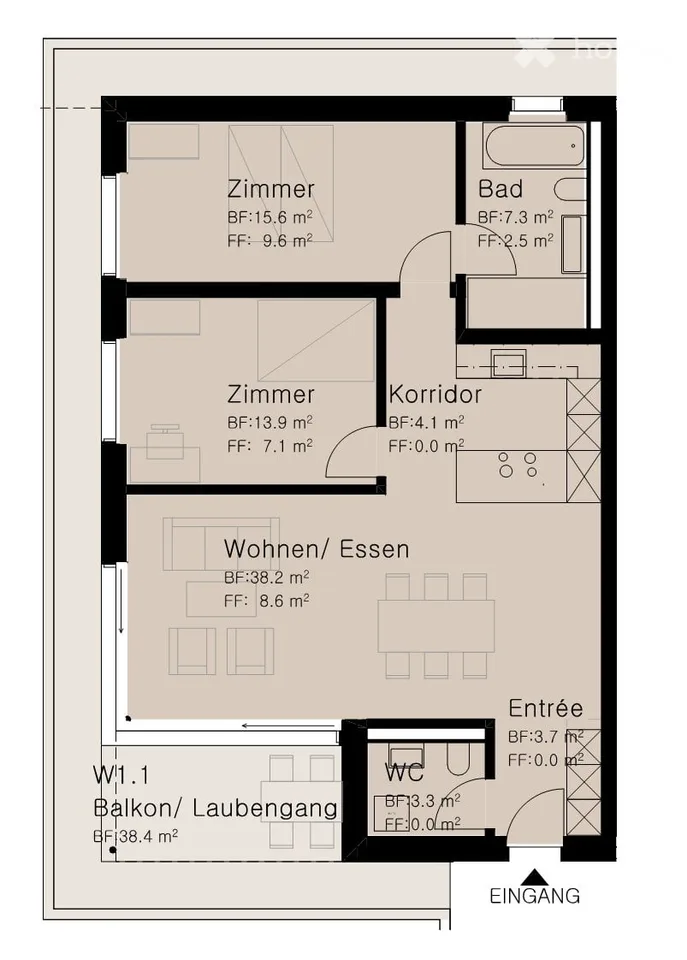 Appartement 3.5 pièces au rez-de-chaussée, trois côtés dans la zone verte