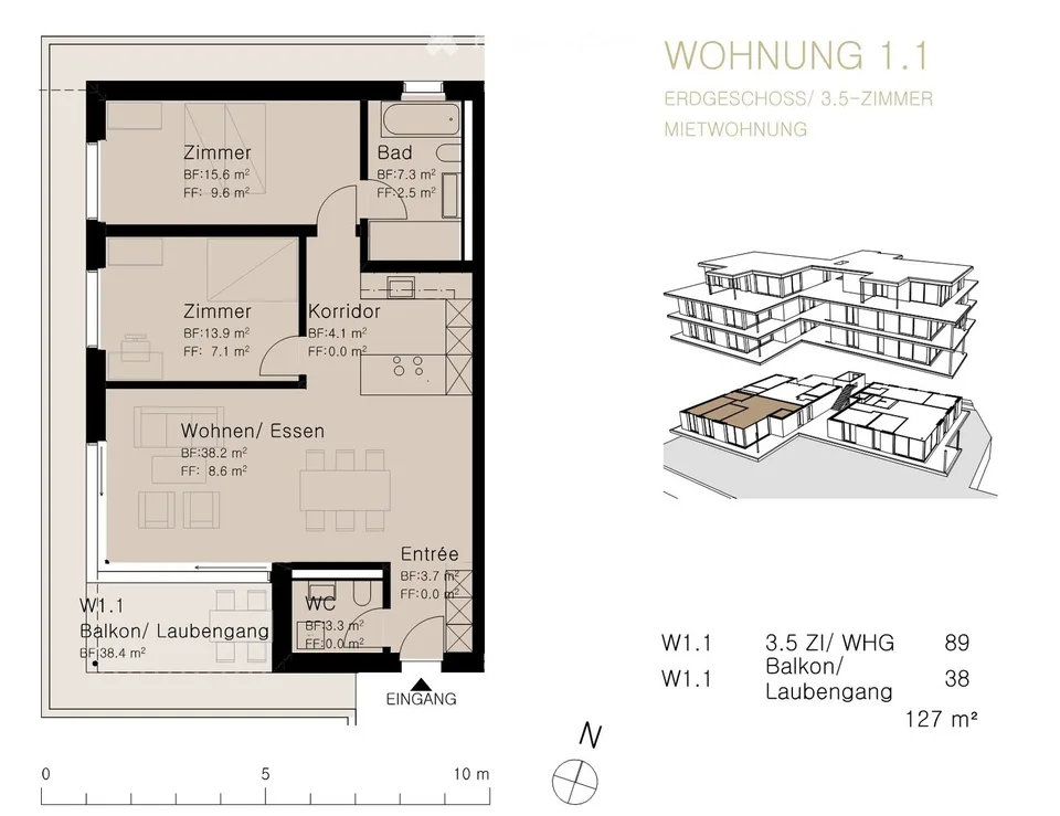 Appartement 3.5 pièces au rez-de-chaussée, trois côtés dans la zone verte