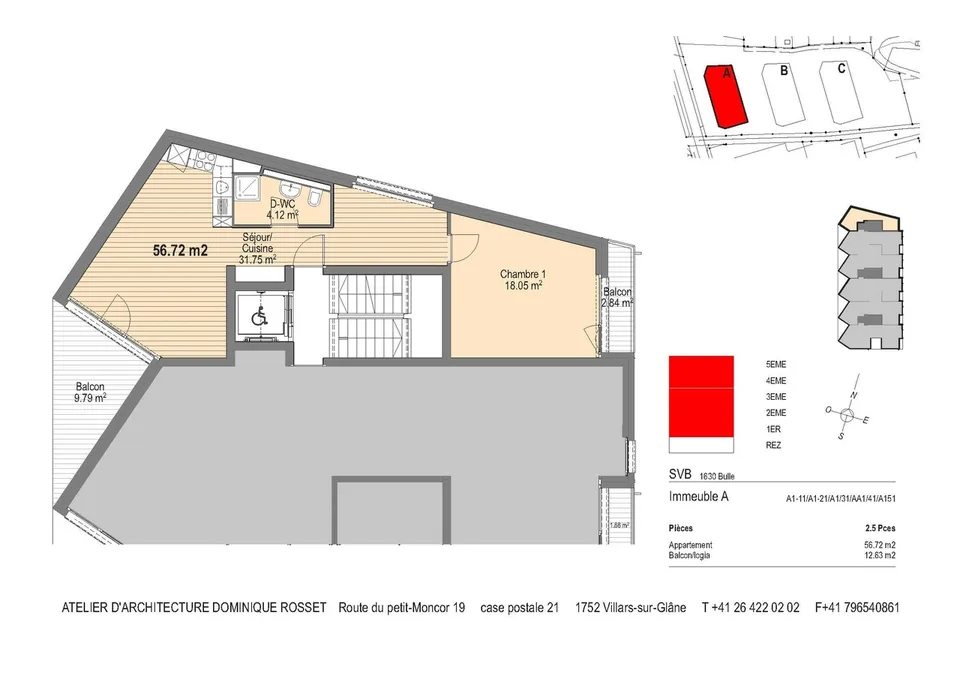 Lumineux 2.5 pièce de 56 m2