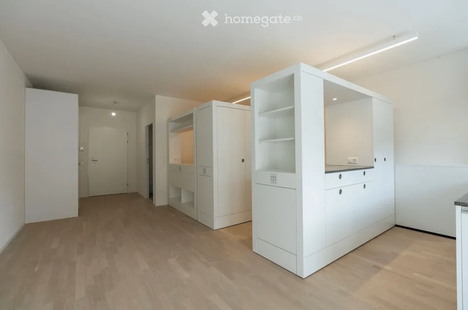 Appartement moderne de 1,5 pièces avec beaucoup d'espace de stockage, terrasse et vue sur le verdure