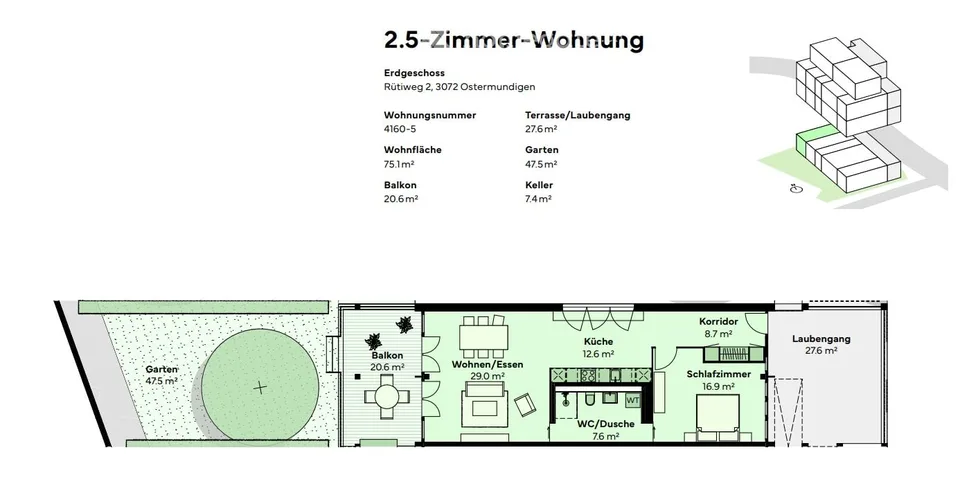 2.5 Zimmer Wohnung - Veranda, Terrasse, Gartenplatz