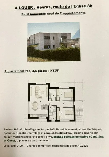 A louer à Veyras, Appartements 3,5 pièces NEUFS