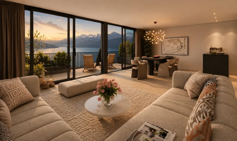 Appartement neuf exclusif avec caractère de maison unifamiliale et vue sur le lac et la montagne imprenable