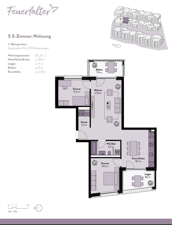 3,5 Wohnung mit Balkon und Loggia
