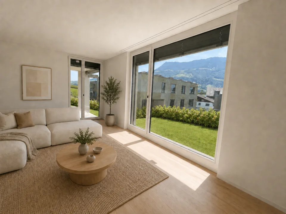 Grosszügige 3.5-Zimmer-Gartenwohnung im Erstbezug mit Sitzplatz und idyllischer Grünfläche
