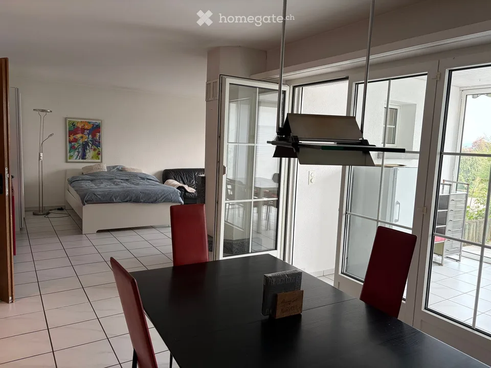 Furnished 1 1/2 room apartment in an apartment community with its own seating area.
