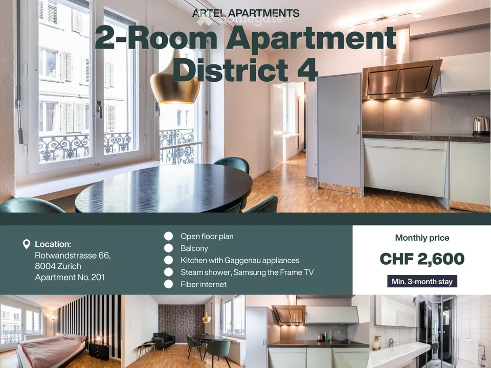 3 Furnished 2-Room Apartments – Zurich District 4
