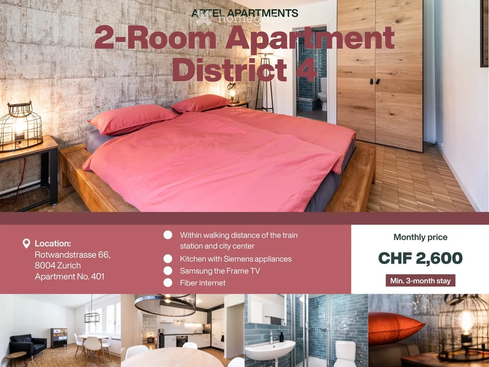 3 Furnished 2-Room Apartments – Zurich District 4