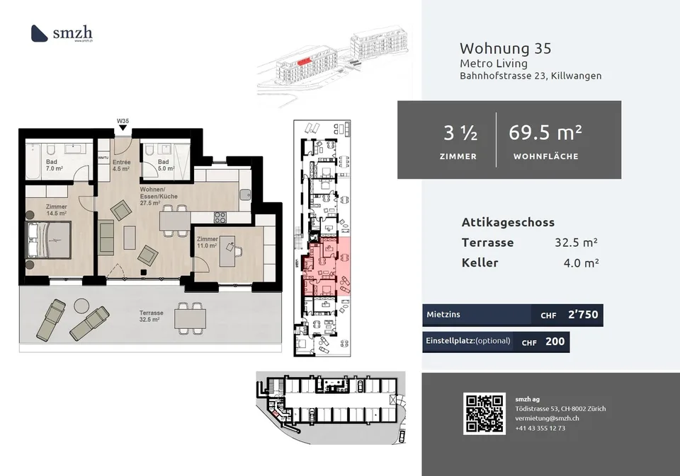 3.5-Room Attic with Large Terrace for Rent in Killwangen