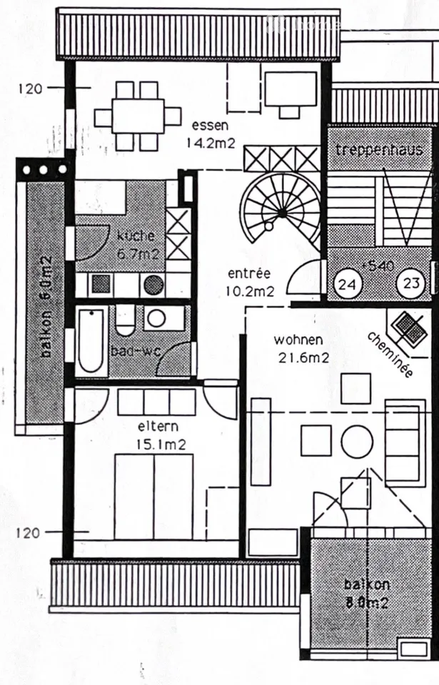 118 m² Maisonette mit 18 m² Galerie, 2 Balkonen, Cheminée & 2 Bädern