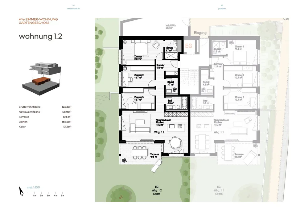 Neubau 4.5-Zimmer Gartenwohnung, 126m2 Wohnfläche, zentrumsnahe Lage, Seesicht