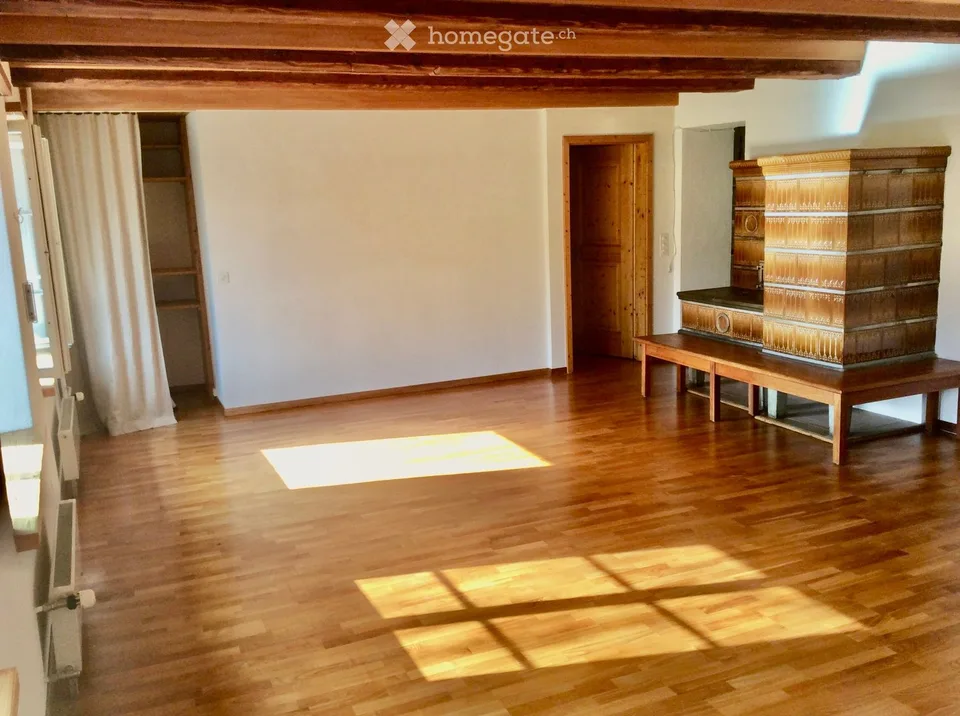 Grand appartement en vieille construction, ensoleillé avec poêle en faïence