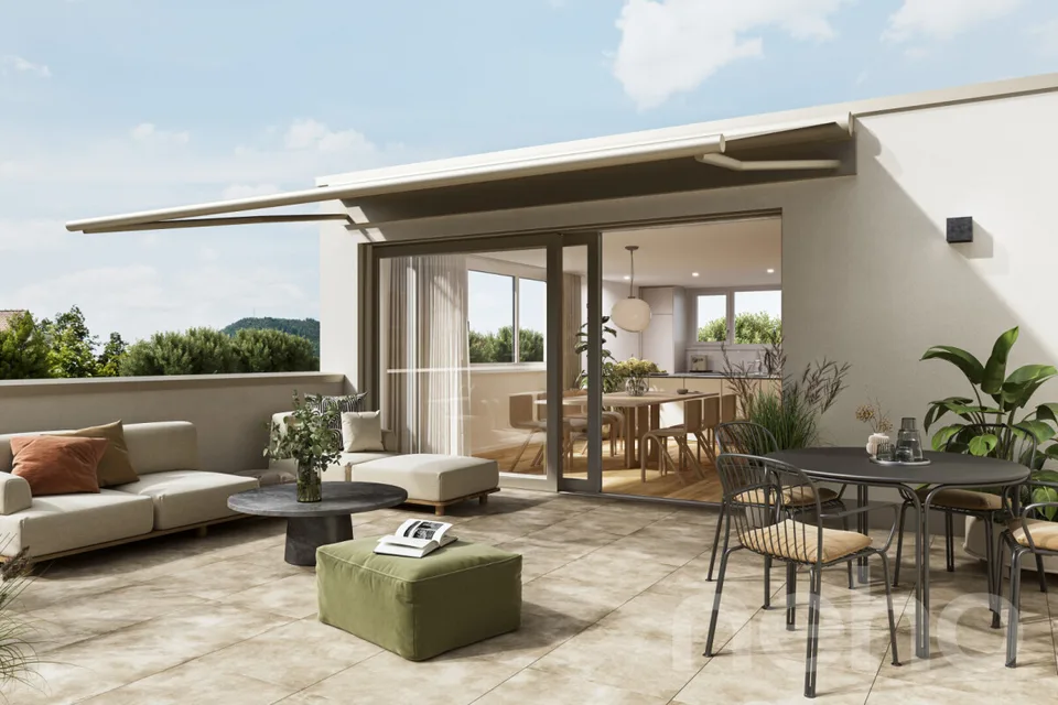 Nouvelle construction de maison mitoyenne avec terrasse sur le toit et vue lointaine