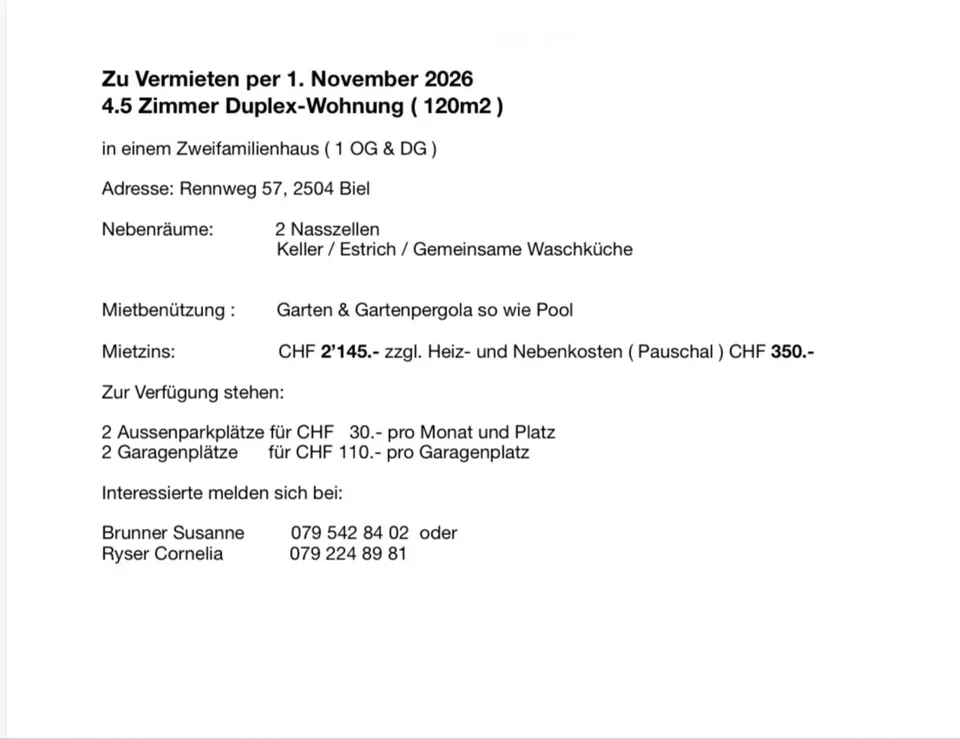 Zu Vermieten per 1.Nov. 2026