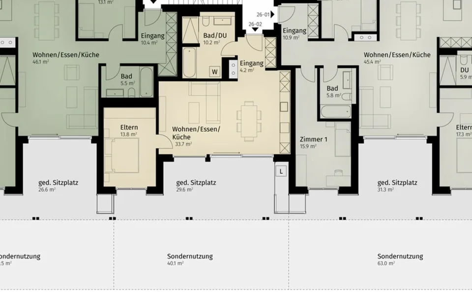 96 m² | 2,5 pièces appartement de jardin | Première occupation