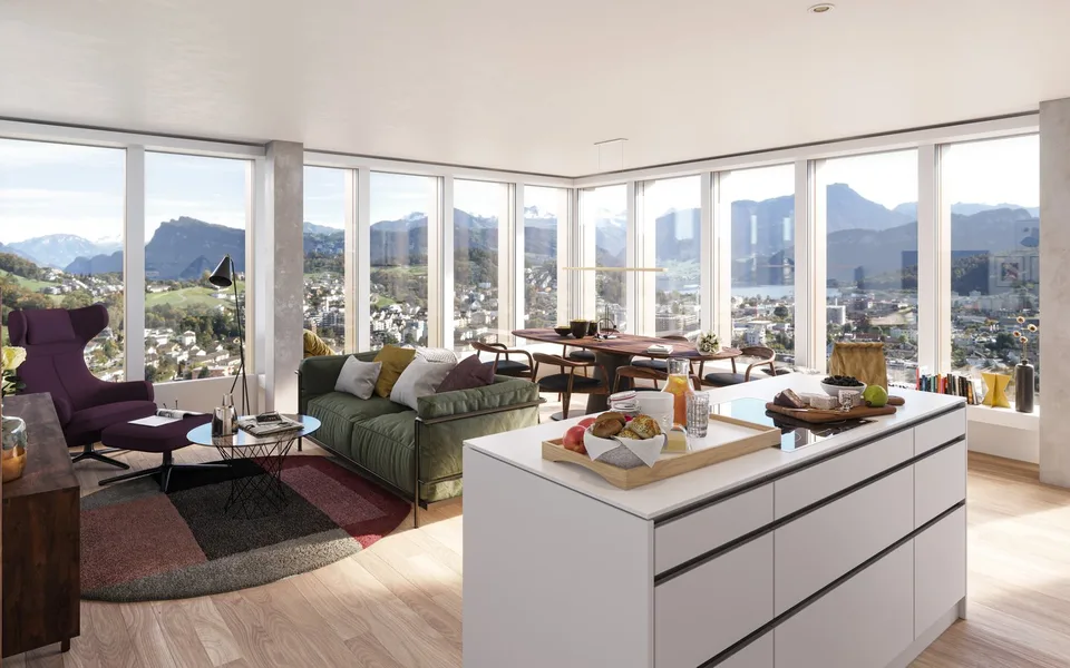 Tour Pilatus Kriens : appartement 2.5 pièces au 31e étage avec vue sur le lac des Quatre-Cantons