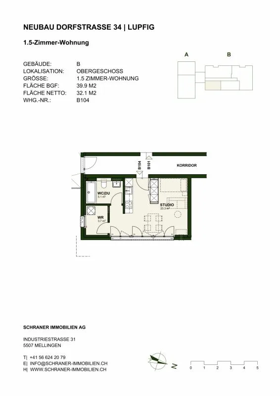 Appartamento 1.5 locali a 5242 Lupfig con sua propia lavanderia