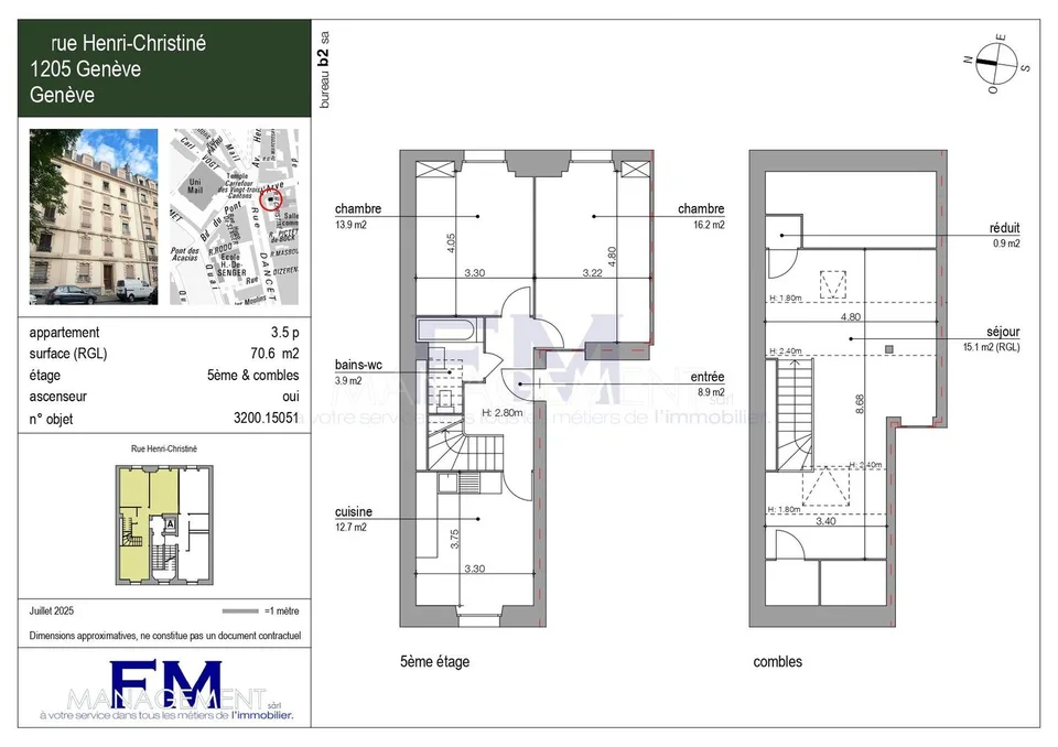 Rue Henri-Christiné ? 3.5 rooms of approx. 70.6 m² on the 5th floor & converted attic