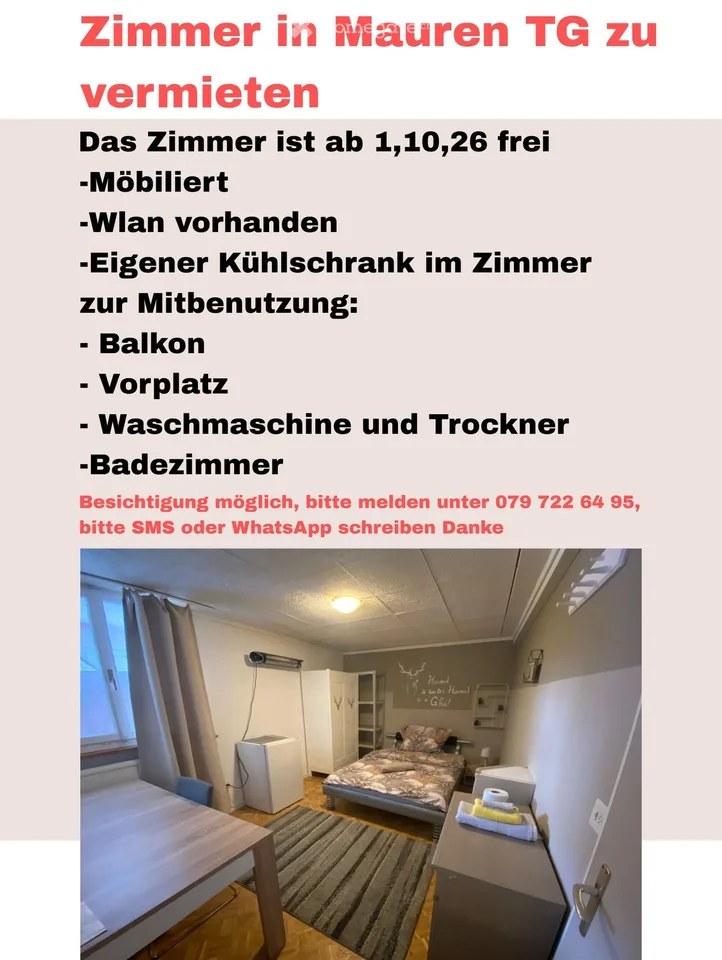 Möbliertes Zimmer ab 1, 10, 26 FREI Mauren TG