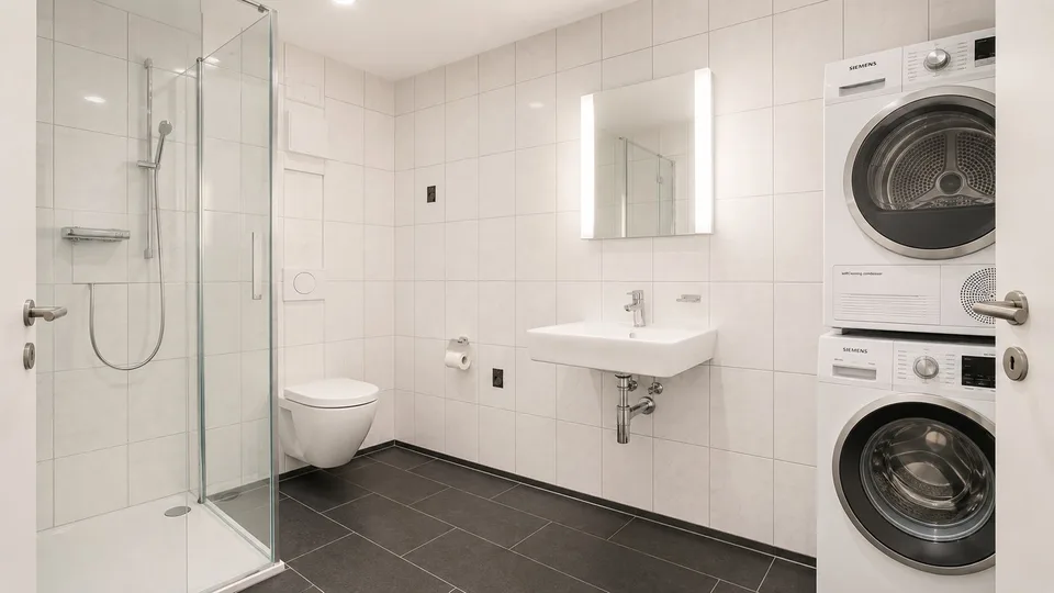 Gemütliches Zuhause mit eigenem Sitzplatz und Waschturm