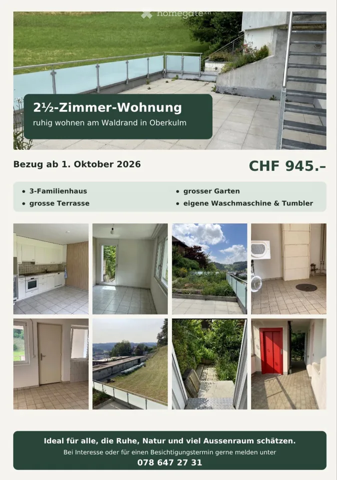 2.5 Zimmer Wohnung in Oberkulm mit Garten und Terrasse