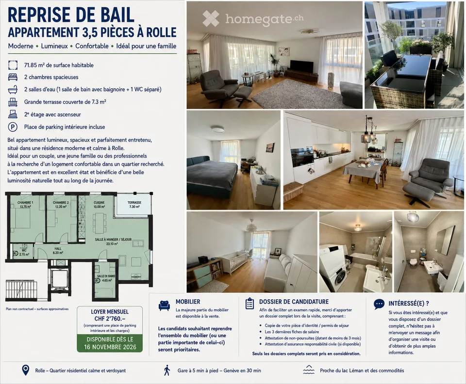 🏡 Reprise de bail – Appartement moderne de 3,5 pièces à Rolle