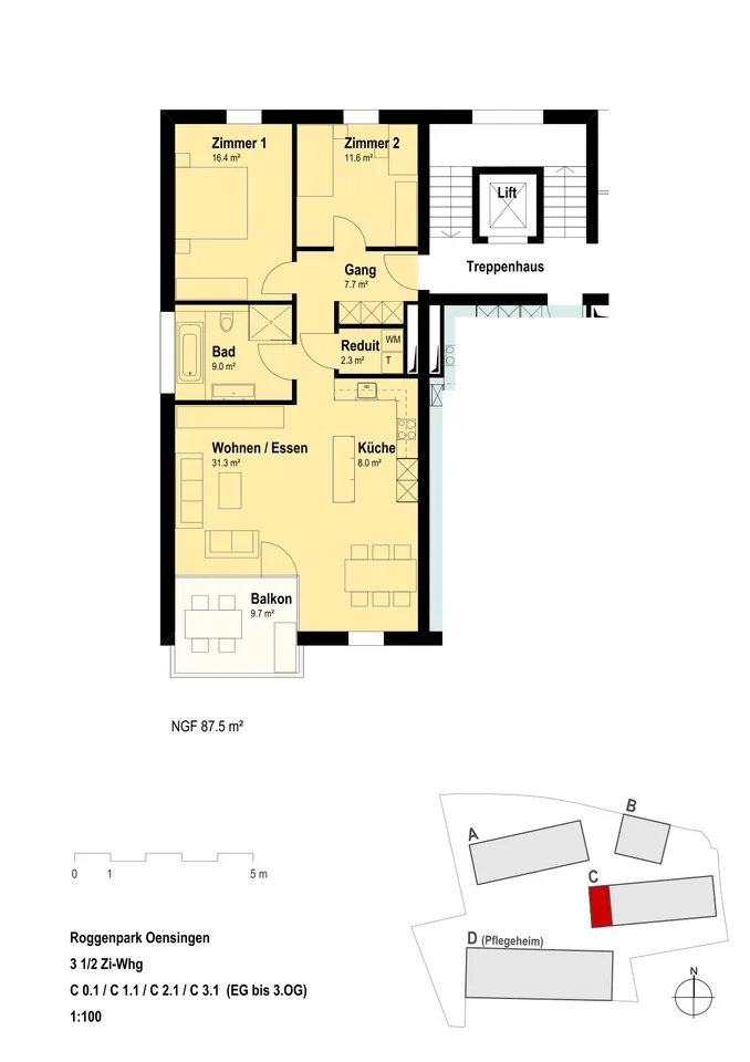 Appartement moderne et confortable de 3,5 pièces au 3e étage