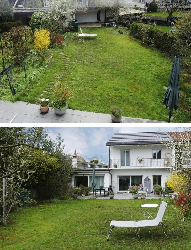 Maison de rangée modernisée avec garage double, système photovoltaïque et jardin généreux