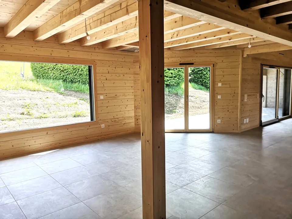 Grande maison moderne en madrier massif avec panneaux solaires, libre de suite