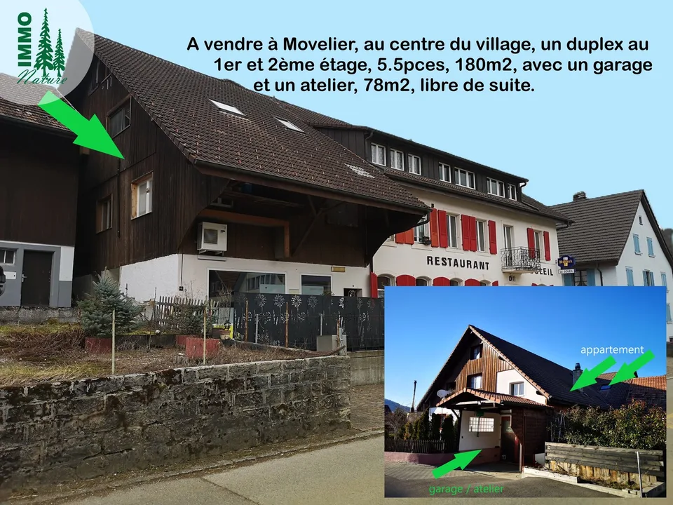 Grand duplex au centre du village avec garage et atelier, libre de suite