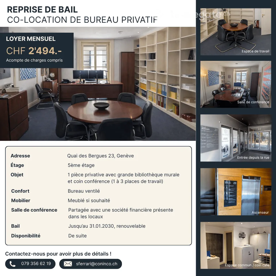 Elegantes Büro im Herzen von Genf – Quai des Bergues (Übernahme des Mietvertrags in Co-Location)