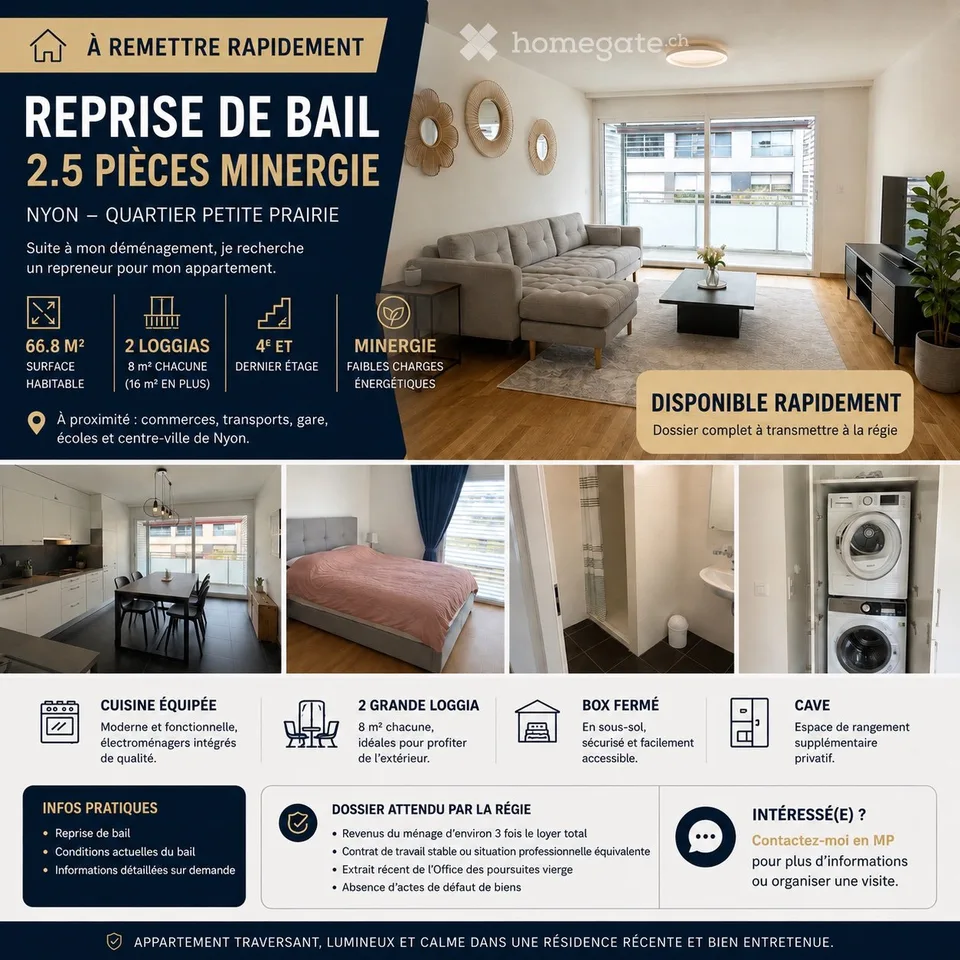 Reprise de bail superbe 2.5 pièces lumineux avec 2 loggias