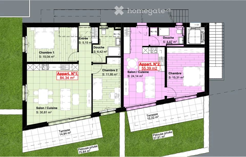 Neue 2,5-Zimmer-Wohnung 55 m2, Terrasse und Garten, ARDON