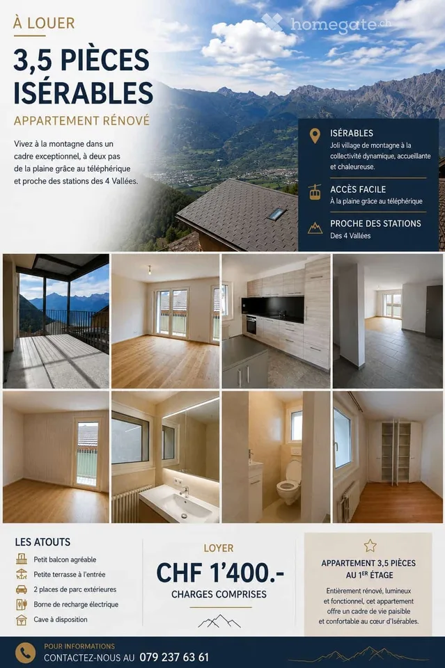 Appartement rénové 1 étage 2 places de parc